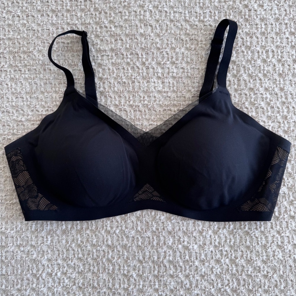 Honeylove Silhouette Bra Black Wireless Lace Mesh Trim Size Large 38B/C